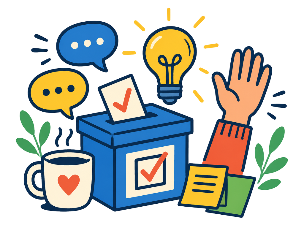 Urna de votação, lâmpada de ideia, balões de conversa e mão levantada